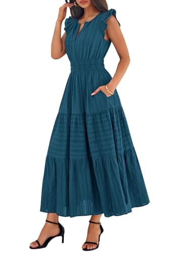 BTFBM Womens Summer Maxi Dress 2026 Spring Boho Vacation Ruffle Flutter Short Sleeve A Line Tiered Flowy Dresses Pockets(Lake Blue, Large) - Thumbnail 5
