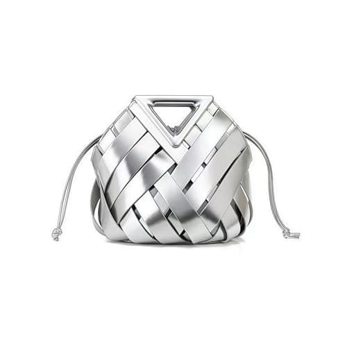 Unique Design Woven Bucket Bag for Women, Vegan Leather Tote Purse with Multi-Function Top Handle Clutch Handbag Retro Style (Silver) - Image 1