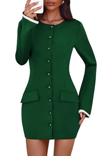 Lazysmile Women's Casual Dresses Long Sleeve Boat Neck Button Down Bodycon Mini Fall Party Club Cocktail Dresses for Women Dark Green