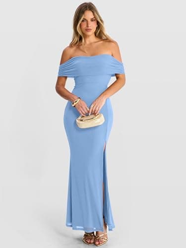 Caracilia Women’s Off Shoulder Maxi Wedding Guest Dress Summer Bodycon High Split Mesh Formal Cocktail Evening Party Dresses Blue Small - Thumbnail 2