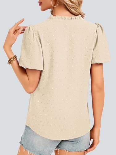 Funlingo Womens Tops Puff Sleeve V Neck Dressy Casual Blouses Summer Flowy Swiss Dot Boho Babydoll Short Sleeve Shirts Trendy Clothes 2026 Beige S - Thumbnail 3