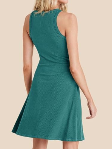 Wenrine Womens Summer Casual Tank Dress Ribbed Knit Sleeveless Crewneck A Line Mini Dresses - Thumbnail 2