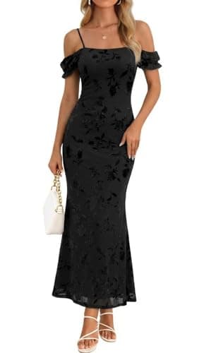 MEROKEETY Women's 2026 Summer Off The Shoulder Spaghetti Strap Floral Mesh Wedding Guest Cocktail Formal Party Maxi Dresses, Black, Medium - Image 1
