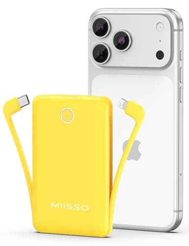 miisso 10000mAh Mini Portable Charger with Built in Cable, Pocket Size Power Bank Travel External Battery Pack for Phone, 3 Output USB Type C Cord Clutch Compatible with iPhone, Samsung, Yellow