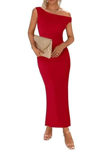BTFBM 2026 Summer Wedding Guest Dresses for Women One Shoulder Bodycon Ruched Mesh Formal Cocktail Spring Fall Maxi Dress(Red, Small) - Image 1