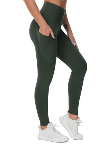 THE GYM PEOPLE Thick High Waist Yoga Pants with Pockets, Tummy Control Workout Running Yoga Leggings for Women Deep Green - Image 1