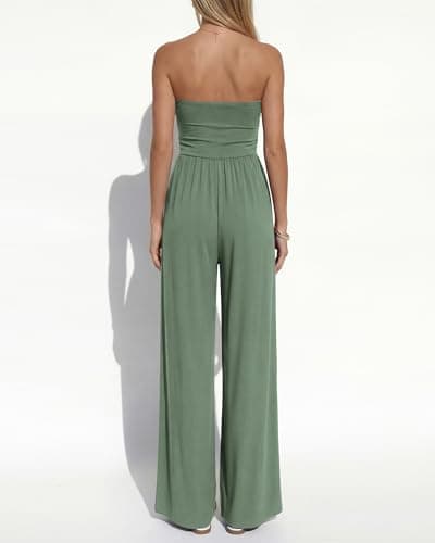 BTFBM Jumpsuits For Women Summer 2026 Beach Vacation Strapless Tube Top Jumpsuit Ruched Casual Wide Leg Pant Rompers(Sage Green, Medium) - Thumbnail 3
