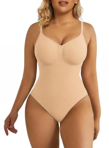 SHAPERX Women's Tummy Control Shapewear Thong Bodysuit Seamless Waist Snatching Body Shaper,SZ5215-Beige-L/XL - Image 1