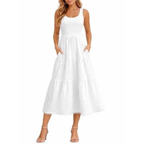 materasu Women Sleeveless Midi Dress with Pocket Drawstring Waist Tiered Casual Summer Dress White - Image 1