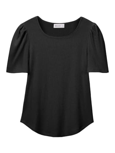 IYICLOTH Women's Puff Short Sleeve Tops Casual Spring Summer Textured Tees Crewneck T-Shirts Ribbed Knit Solid Blouses Trendy,L Black - Thumbnail 6