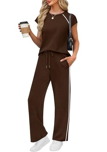 PRETTYGARDEN Two Piece Sets for Women 2026 Summer Vacation Outfits Cap Sleeve Tops Lounge Pants Matching Set Fashion Clothing (Dark Brown,Medium) - Image 1