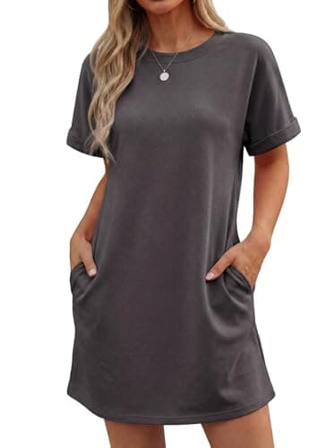 GRECERELLE Women's Summer Casual T-Shirt Dress with Pockets - Crewneck Short Sleeve Tunic Shift Dresses for Travel Work & Beach Vacation Wrinkle-Resistant Above Knee Length Dark Gray - Image 1