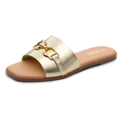 Rihero Gold Flat Sandals for Women Summer Square Open Toe Slides Slip On Fashion Beach Walking Slide Sandals Size 6.5 - Image 1