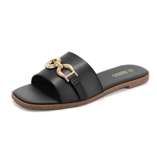 Rihero Black Flat Sandals for Women Summer Square Open Toe Slides Slip On Fashion Slide Sandals Wide Width Size 7.5 - Image 1