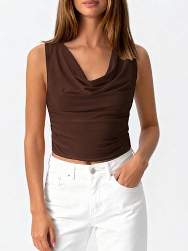BTFBM Cowl Neck Tops for Women 2026 Sleeveless Going Out Business Casual Tank Top Spring Summer Outfits Fashion Clothing(Brown, Small) - Thumbnail 4