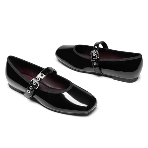Rihero Black Ballet Flats for Women Comfortable Square Toe Buckle Strap Dressy Casual Ballerina Mary Jane Flats Shoes Size 5.5 - Thumbnail 5