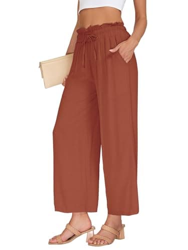 VUTRU Women Pants Wide Leg Casual Summer Slacks Tall Petite Plus Size Flowy Loose Travel Lounge Linen Trousers with Pockets, Rust Red L - Thumbnail 2