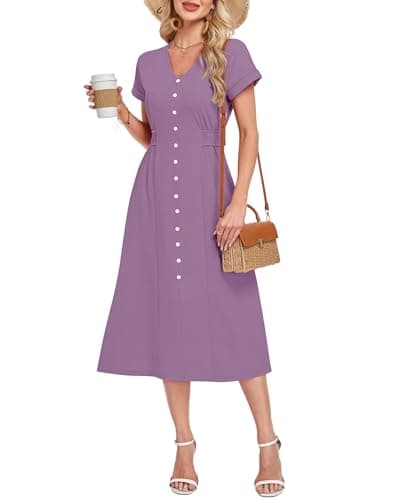 MOLERANI Womens Casual V Neck Short Sleeve Midi Dress 2026 Waffle Knit Button Elastic Waist Pockets Flowy A Line Summer Dress for Beach Vacation Resort Wear Cruise Dresses, Mauve, XL - Image 1