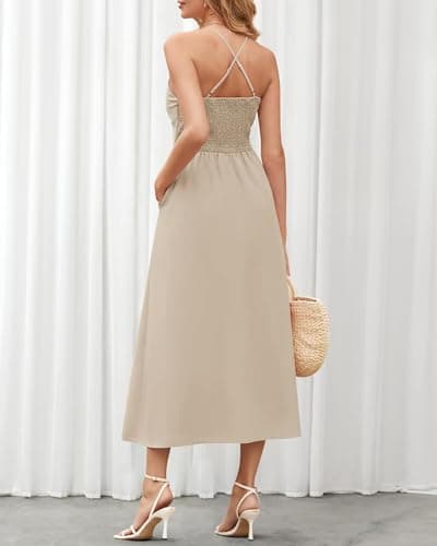 BTFBM Women 2026 Spaghetti Strap Midi Summer Dresses Sleeveless V Neck Cutout Slit Casual Beach Party Maxi Dress Pockets(Apricot, X-Large) - Thumbnail 5