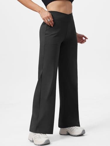 AFFOLE Petite Wide Leg Pants for Women Flare Dress Pants with Pockets Cross Waist Stretch Bootleg Sweatpants for Casual Black - Thumbnail 2