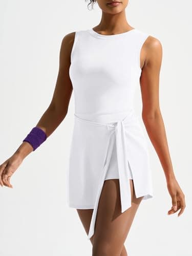 Dokuritu Workout Dresses for Women U-Shaped Back Knot Tennis Dress Built in Shorts Backless Wrap Golf Athletic Rompers White - Thumbnail 5