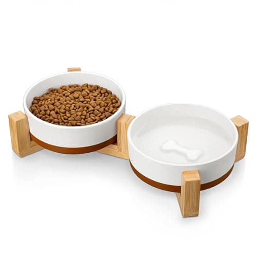 MALACASA Ceramic Dog Bowls Small Size Dog with Wood Stand, 1.5-Cup Ceramic Puppy Bowls for Cats & Small Dogs, Dual Food and Water Bowls with Weighted Non-Slip Base, Glaze Matte,14 Oz - Image 1