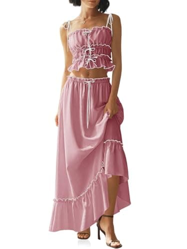 Wenrine Women's Summer 2 Piece Skirt Sets Casual Spaghetti Straps Cropped Cami Ruffle Maxi Skirt Flowy Beach Outfit Pink - Image 1