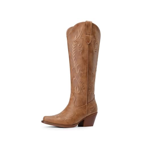 DREAM PAIRS Womens Cowboy Boots Knee High Western Retro Embroidered Cowgirl Boots Comfortable Square Toe Tall Boots,Size 8,Brown,SDKB26003W - Image 1
