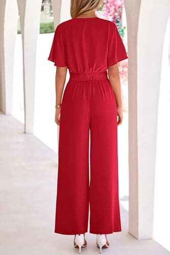 PRETTYGARDEN Women 2 Piece Summer Outfits Short Sleeve Strappy Top Wide Leg Pants Tracksuit Lounge Sets Beach Clothes(Red,Small) - Thumbnail 5
