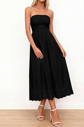 PRETTYGARDEN Womens Summer Dresses 2026 Sexy Sleeveless Tube Top Long Dress Eyelet Cotton Maxi Beach Sundress Pockets(Black,Large) - Thumbnail 4