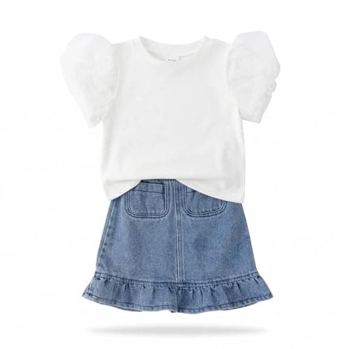 vfvBaby Toddler Baby Girl 2 Piece Outfit White Tulle Puff Sleeve Top & Denim Ruffle Skirt Set Infant Casual Summer Clothes - Image 1