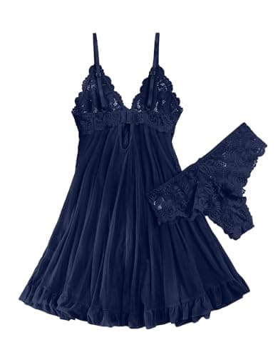 FAMIHAO Women Sexy Lingerie Open Front Ruffle Sheer Mesh Floral Lace Babydoll Dress with Thong,NavyBlue L - Thumbnail 2