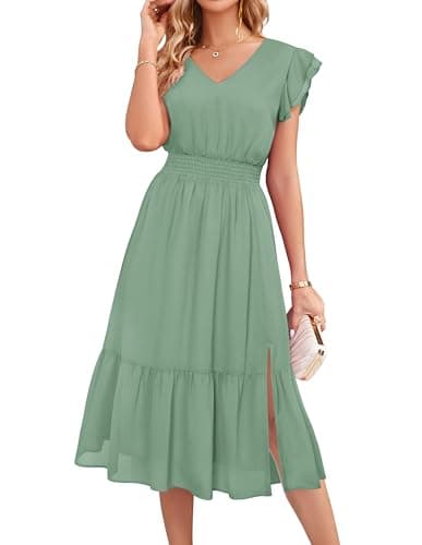 GRACE KARIN 2026 Womens Summer Dresses V Neck Ruffle Sleeve Floral Boho Beach A-Line Dress Sage Green-Solid XX-Large