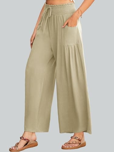 JUYUEO Wide Leg Linen Pants for Women High Waist Casual Flowy Boho Beach Palazzo Trousers with Pockets Apricot L - Thumbnail 4