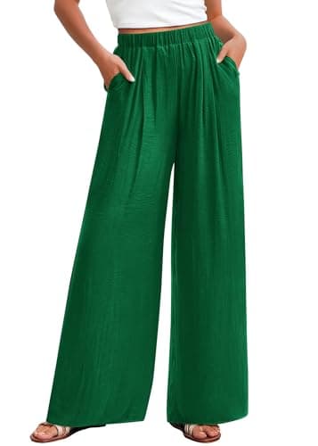 KIRUNDO Wide Leg Pants for Women Summer Flowy Elastic Waist Palazzo Pants Lounge Trousers with Pockets Beach Vacation Outfits(Green, X-Large) - Image 1