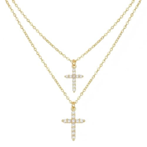 Orejorde 14K Gold Plated Cross Necklace for Women Dainty Layered Cubic Zirconia Cross Pendant Necklaces, Adjustable Hypoallergenic Brass Christian Jewelry Stackable Religious Necklaces Gift