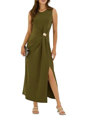 ZAFUL Women's 2026 Summer Ruched Casual A Line Maxi Dress Spring Sleeveless Split Elegant Cocktail Party Long Dresses (Army Green, Large) - Image 1