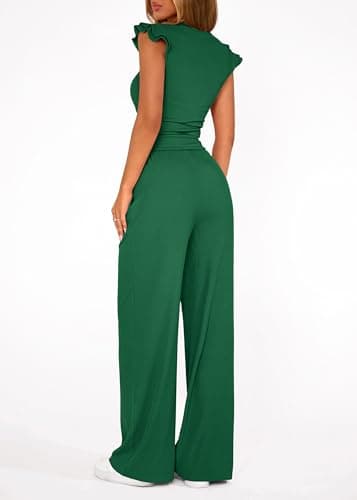 KIRUNDO Two Piece Sets For Women Dressy 2026 Summer Cap Sleeve Cute Tops Wide Leg Pants Spring Matching Set Vacation Outfits(Green, XX-Large) - Thumbnail 2