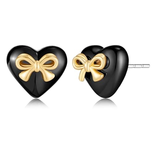 Lnmoieu Heart Stud Earrings for Women 14K Gold Plated Black Heart Earring Dainty Bow Earring Fashion Jewelry Gifts - Image 1