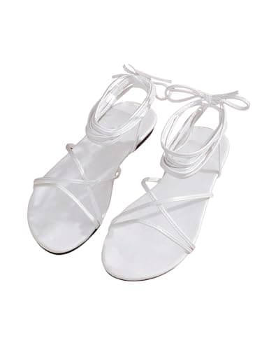 GORGLITTER Women's Lace Up Strappy Flat Sandals Wrap Tie Up Summer Gladiator Slides Shoes White 7.5 - Image 1