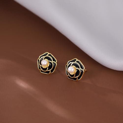 Reffeer Solid 925 Sterling Silver Flower Stud Earrings for Women Teen Girls Black Flower Stud Earrings Pearls (B-18K Gold) - Thumbnail 5