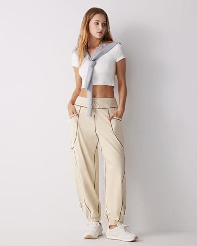 MOOSLOVER Women Baggy Casual Pants Cotton Lightweight Sweatpants Drawstring Mid Waist Athletic Lounge Joggers(M,Khaki) - Thumbnail 3