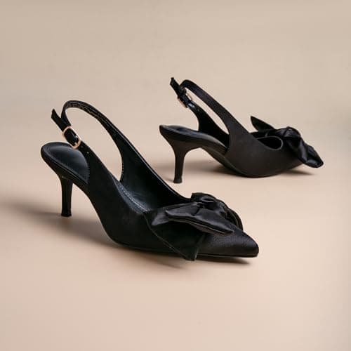 RUSAUISE Black Heels with Bow Pumps Satin Kitten Heels Sexy Slingback Heels Dress Shoes Comfortable Closed Pointed Toe High Heel Elegant Silk Size 8.5 - Thumbnail 4