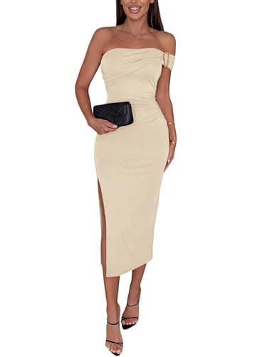 MASCOMODA Womens Summer Off Shoulder Bodycon Midi Dresses Formal Side Slit Long Going Out Strapless Party Cocktail Dress(Apricot,Medium) - Image 1