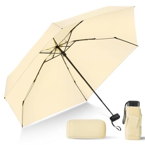 LEAGERA Compact Travel Umbrella with Case - Mini Umbrella for Purse, Small Lightweight &Tiny Design Perfect for Parasol Outdoor Sun&Rain Umbrellas,BeigeColor