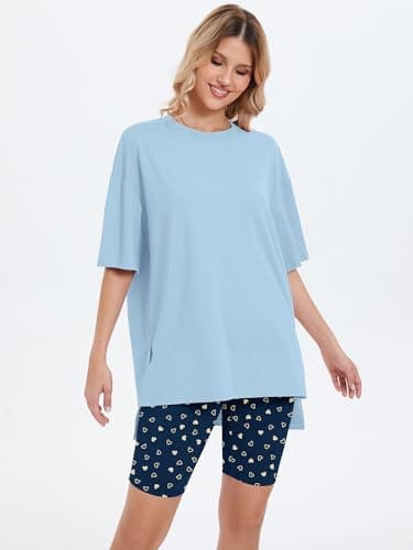 Heymoments 2 Piece Sets for Women Lounge Summer Print Floral XX-Large Oversized T-Shirt and Biker Shorts Pajama Set Soft Pajamas Set Breathable Sleepwear Comfy Nightwear Womens Pjs Set - Thumbnail 3