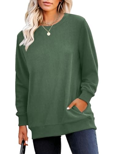 RUMIA Crewneck Fall Sweatshirt for Women Plain Long Sleeve Top with Pocket - Image 1