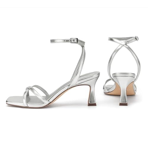 Athlefit Kitten Heels for Women Square Open Toe Strappy Heeled Sandals Ankle Strap Dress Silver High Heels for Prom Party Wedding Size 11 - Thumbnail 6