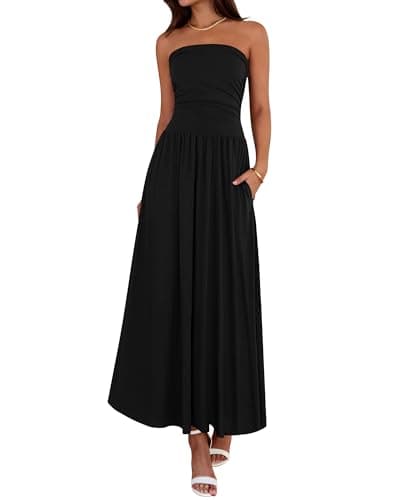 BTFBM Summer Maxi Dresses for Women 2025 Strapless Ruched Tube Top Flowy Beach Vacation Wedding Guest Fall Dress Pockets (Black, Large) - Image 1
