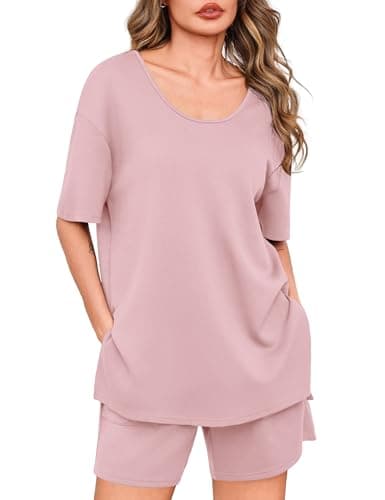 Totatuit 2 Piece Lounge Sets for Women Oversized Tee and High Waist Shorts Summer Matching Outfits Soft Pajama Set for Vacation and Sleep Pink Large - Image 1